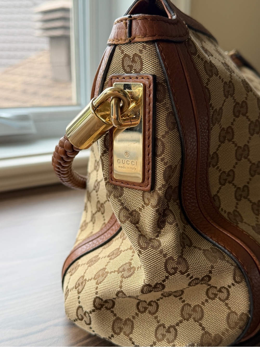 Gucci Beige & Brown GG Canvas Shoulder Hobo with Braided Handle - Picture 4 of 16